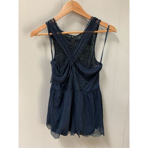 Free People Shirt Womens Medium Blue Tunic Mesh Overlay Back Cutout - Picture 1 of 7